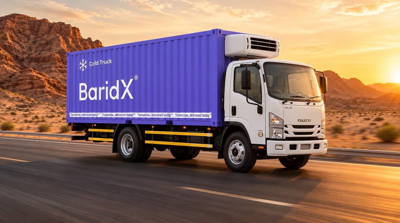 BaridX refrigerated truck on a desert road