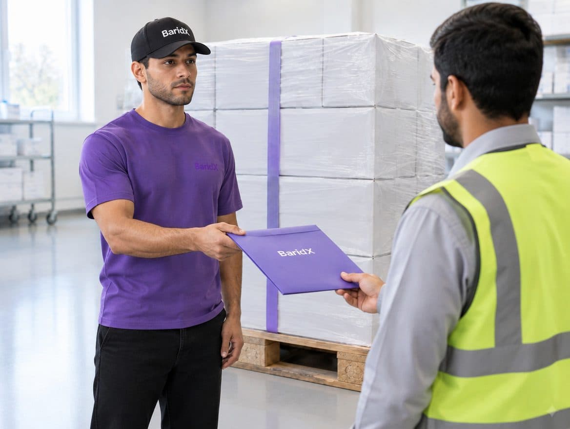 BaridX representative in uniform handing over the document folder at the receiving dock