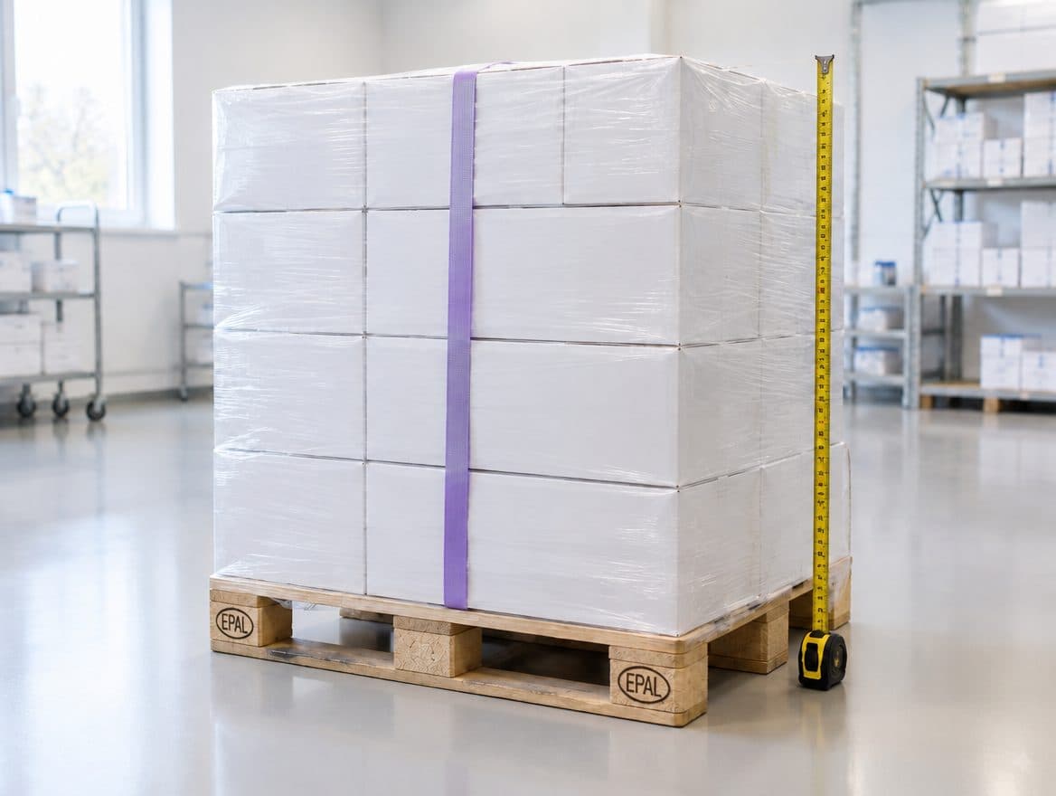 Pallet of BaridX cartons, wrapped, with a measuring tape beside it