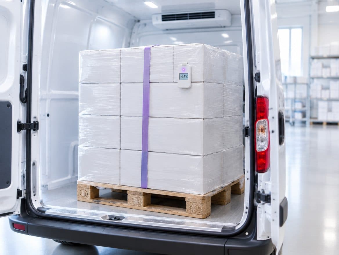 Temperature logger on a pallet inside a refrigerated vehicle